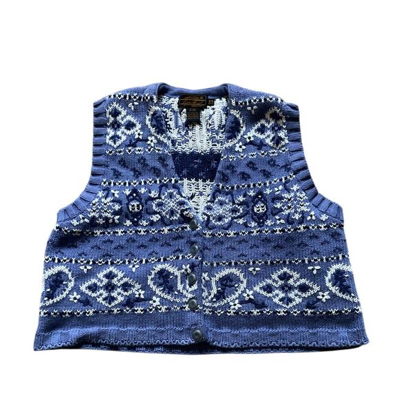 Womens Eddie Bauer Paisley Knit Vest Size Medium Petite 100% Cotton Vintage - Picture 1 of 8
